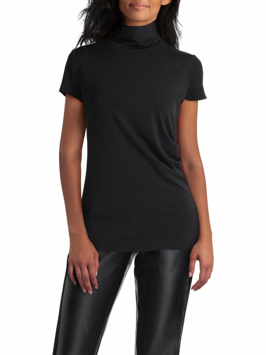 * H Halston Womens Mock Neck Pleated Pullover Top | Shirts-Tops