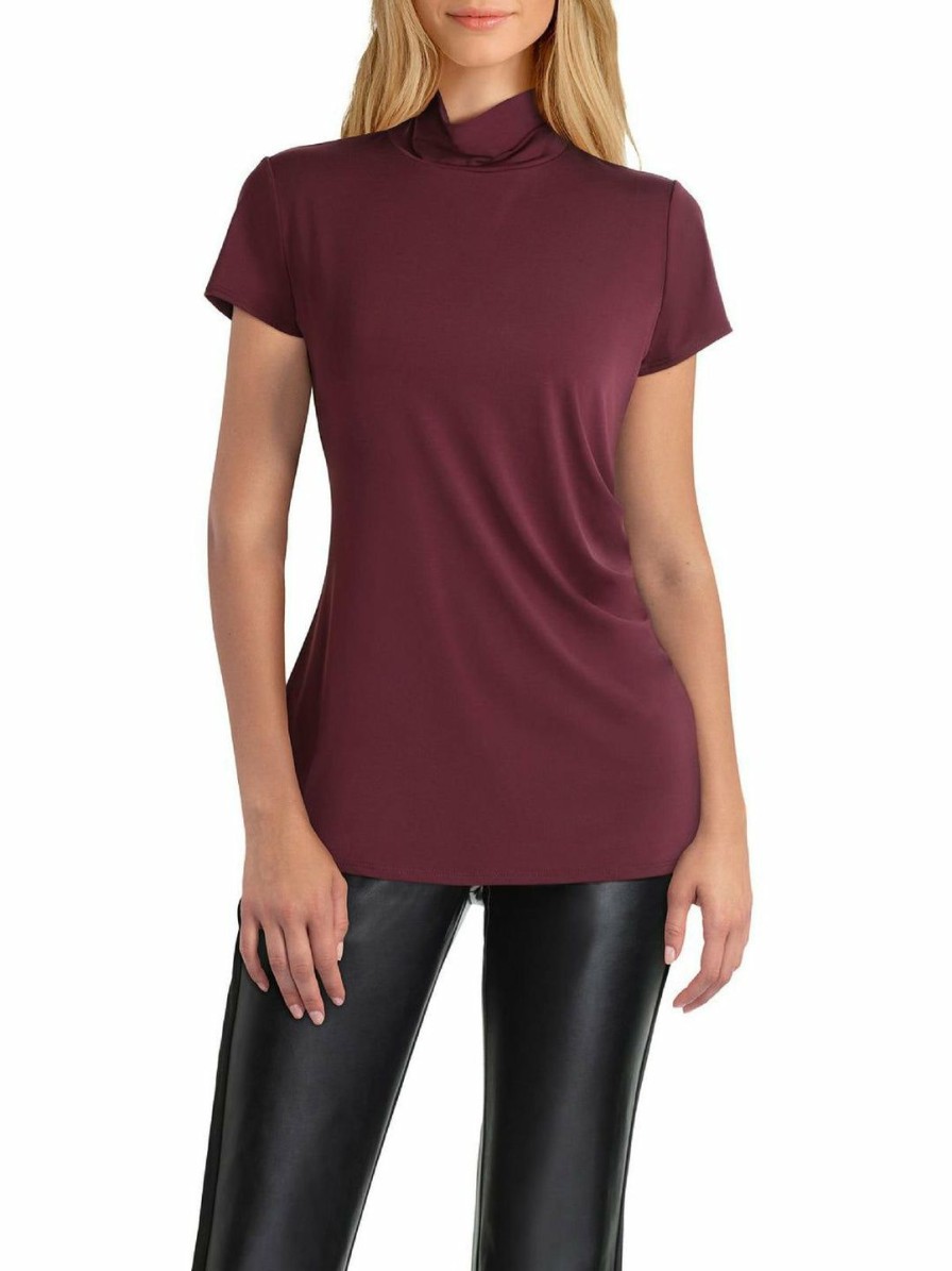 * H Halston Womens Mock Neck Pleated Pullover Top | Shirts-Tops