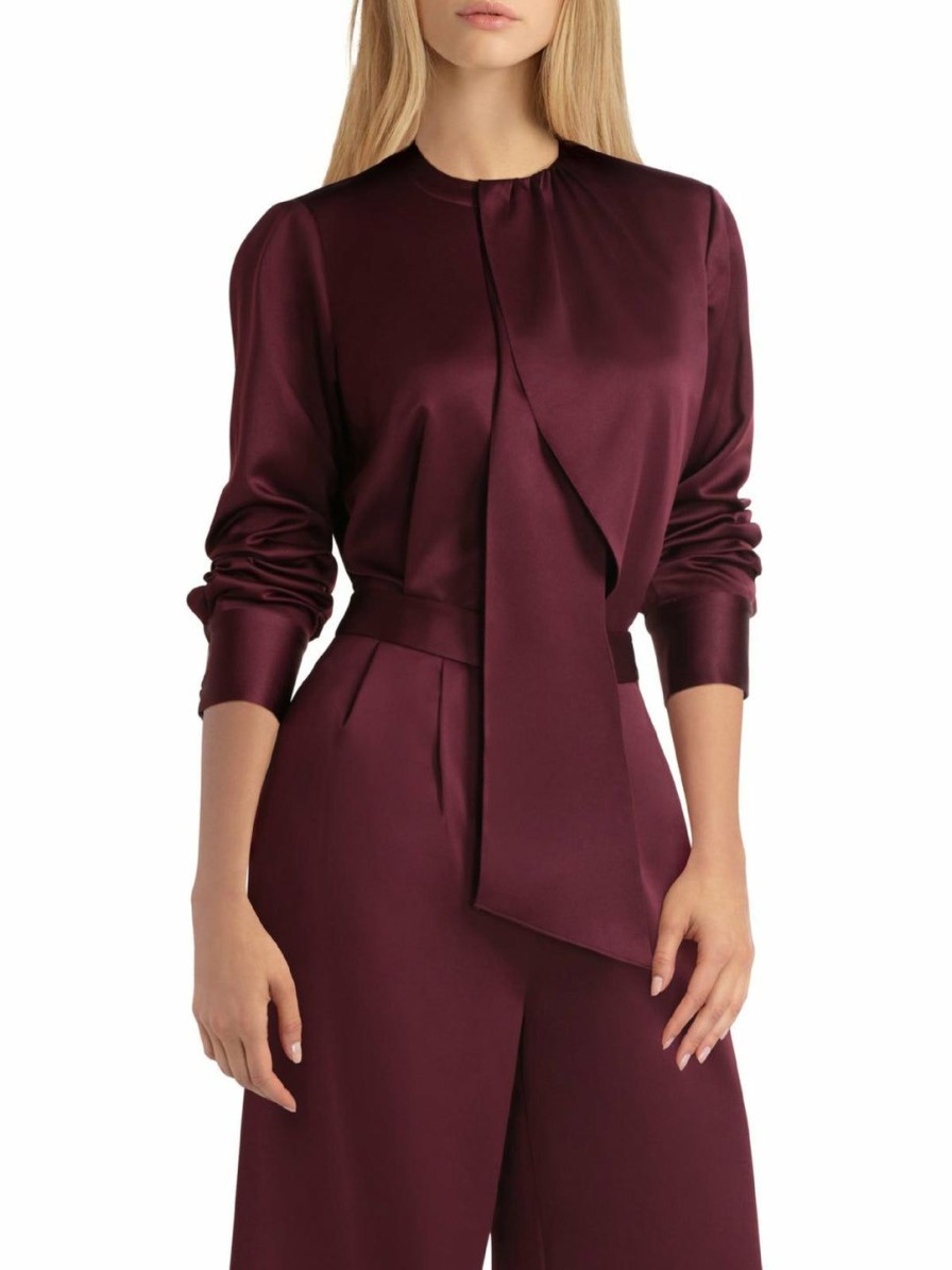 * H Halston Womens Satin Scarf Detail Blouse | Shirts-Tops