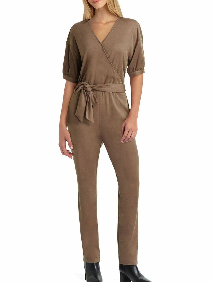 * H Halston Womens Faux Suede Skinny Leg Jumpsuit | Jumpsuits-Rompers